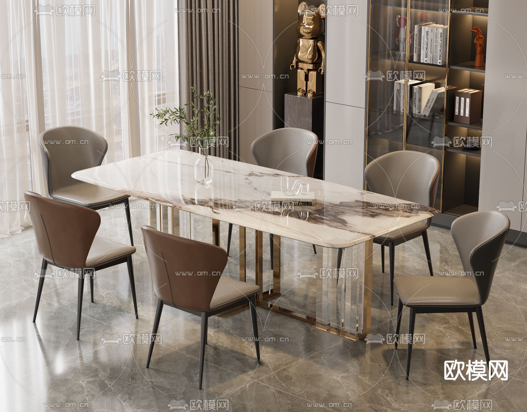 现代餐桌椅 条形餐桌3d模型下载