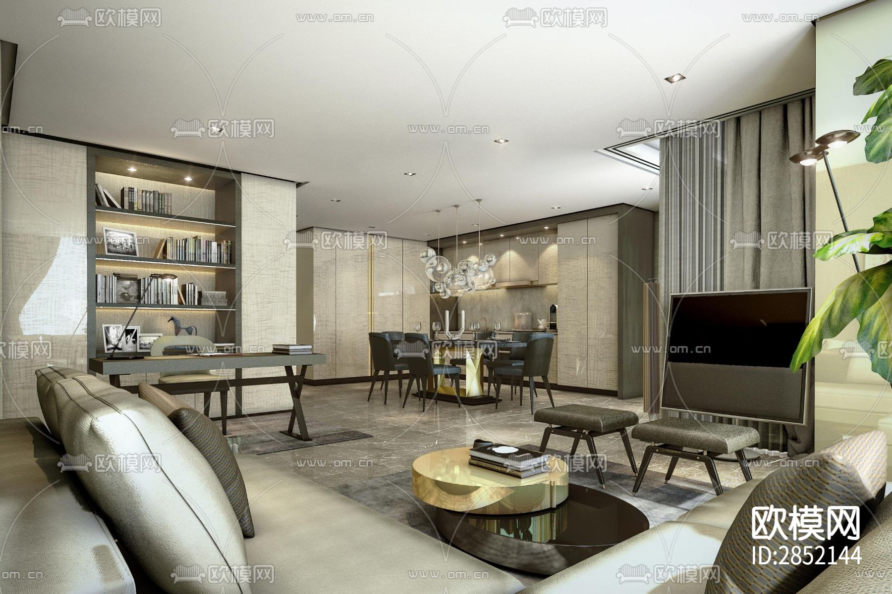 现代-B户型效果图CAD施工图下载（渲染图3）