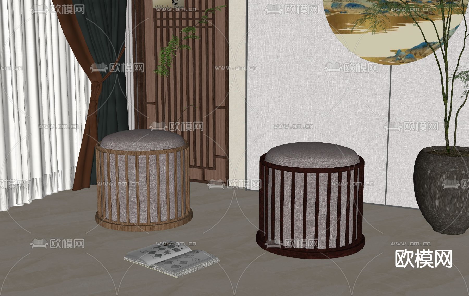 新中式凳子su模型下载（渲染图2）