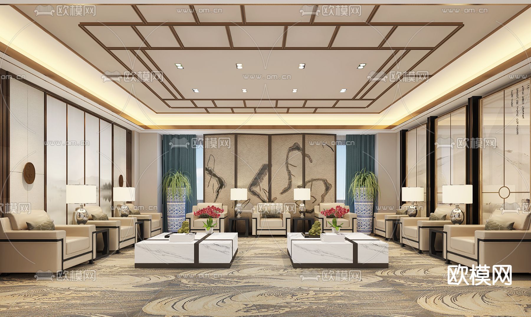 新中式会客室 接待室3d模型下载