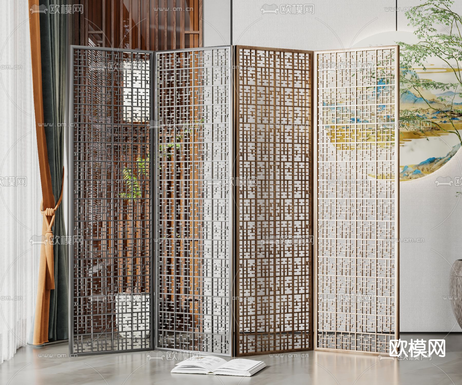 新中式屏风 隔断su模型下载_ID14279296_sketchup模型下载-欧模网