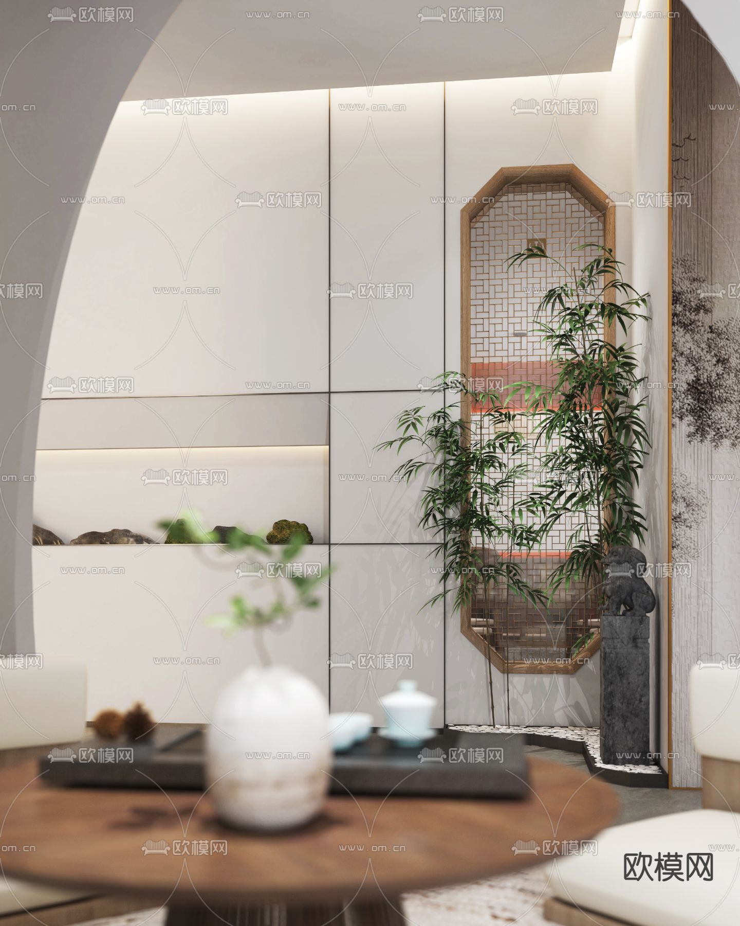 石狮子雕塑 绿植小品 竹子 鹅卵石3d模型下载