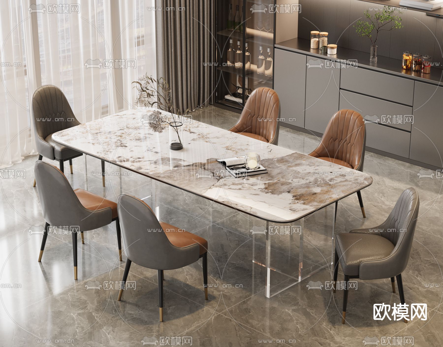 现代餐桌椅 条形餐桌3d模型