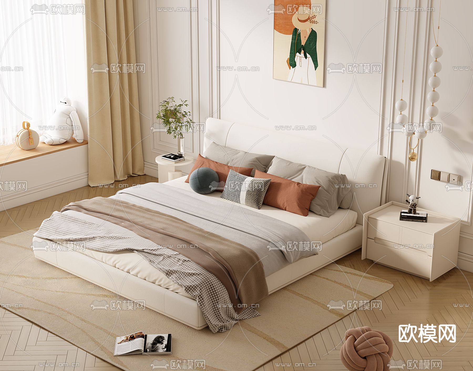 奶油风双人床3d模型下载