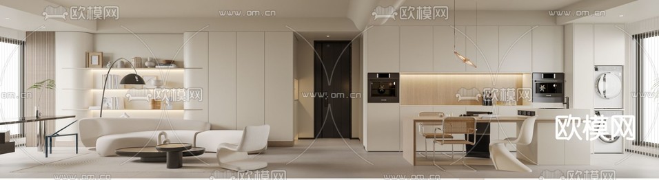 奶油风客厅 餐厅3d模型下载(渲染图1)