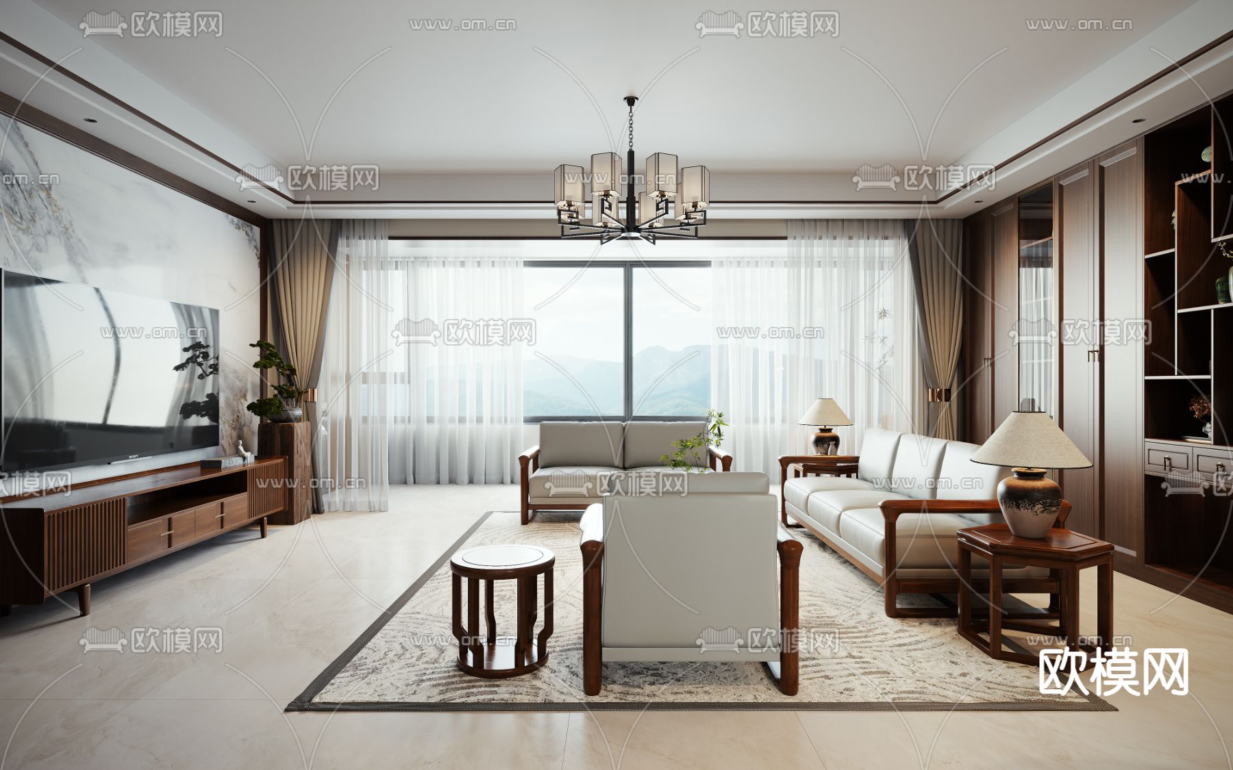 新中式客厅 餐厅3d模型下载（渲染图2）