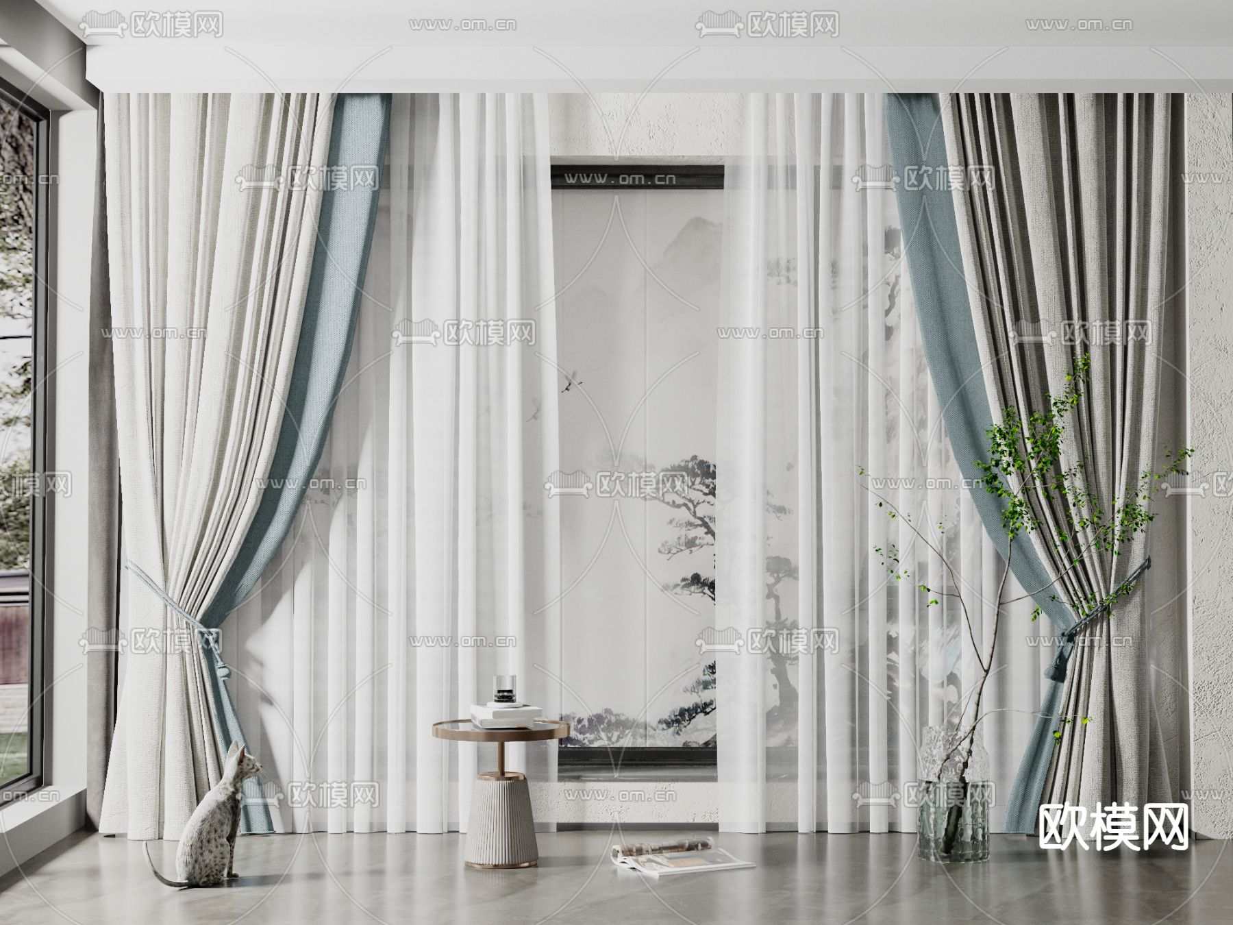 新中式窗帘su模型下载（渲染图1）