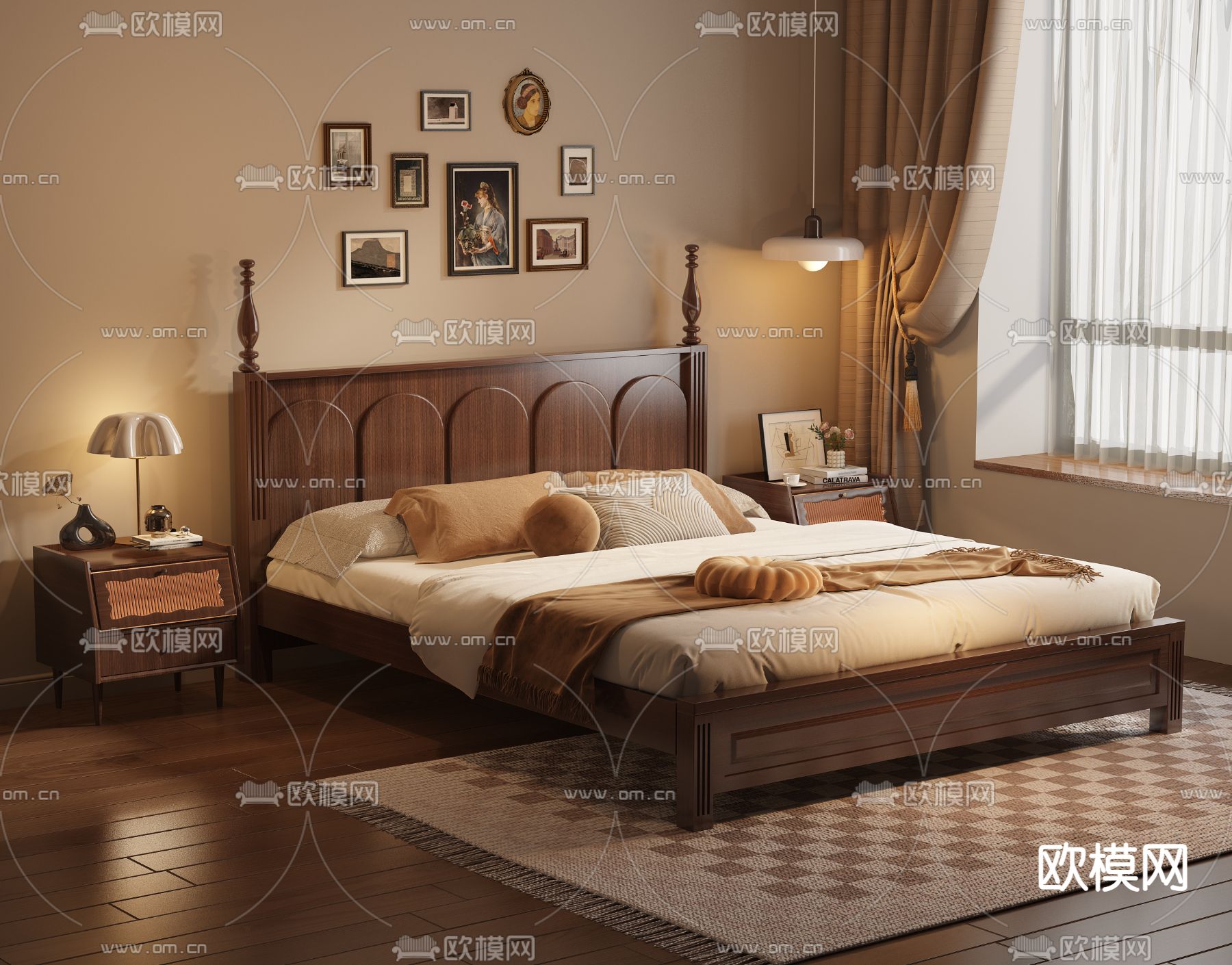 中古风双人床3d模型下载