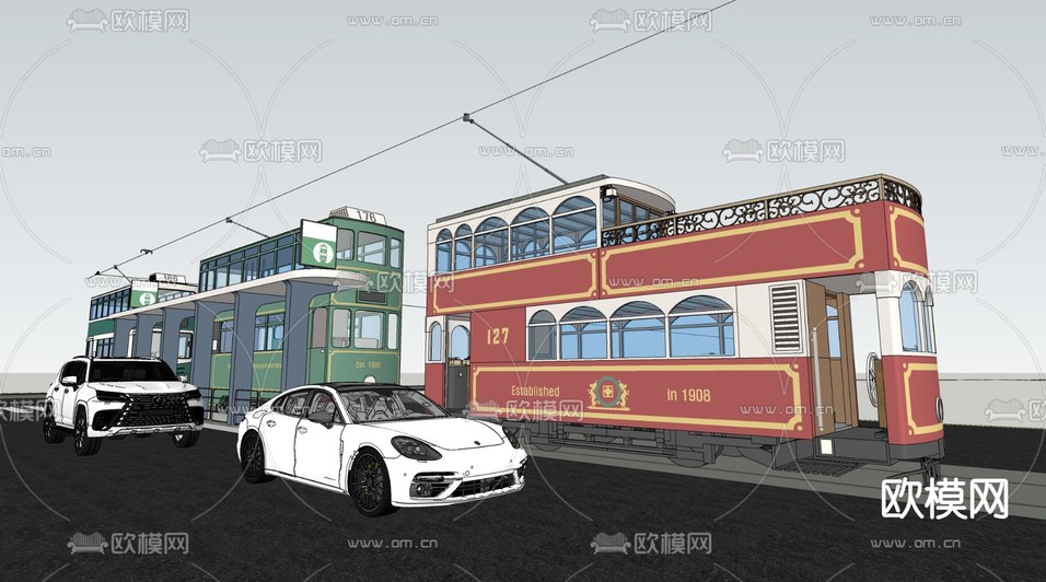 有轨电车 公交车su模型下载(渲染图2)