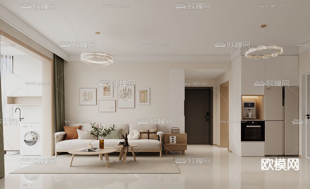 奶油风客厅 餐厅3d模型下载（渲染图1）