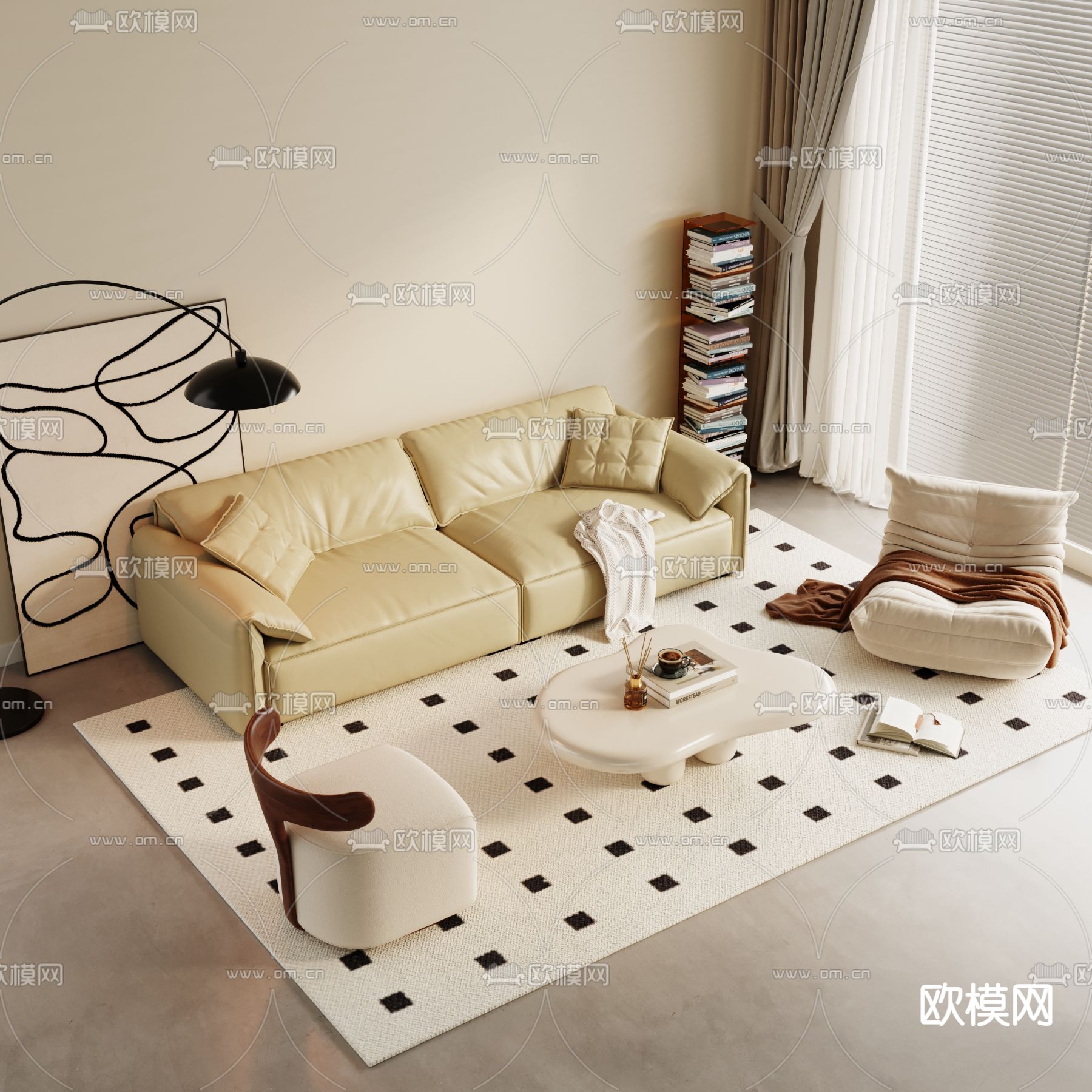 奶油风沙发 组合沙发3d模型下载_ID14279636_3dmax免费模型-欧模网