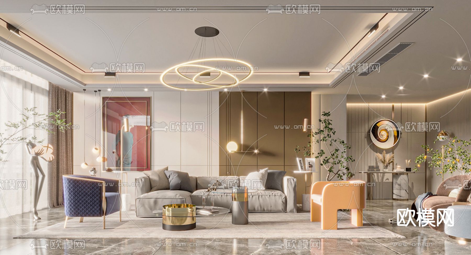 轻奢风客厅3d模型下载