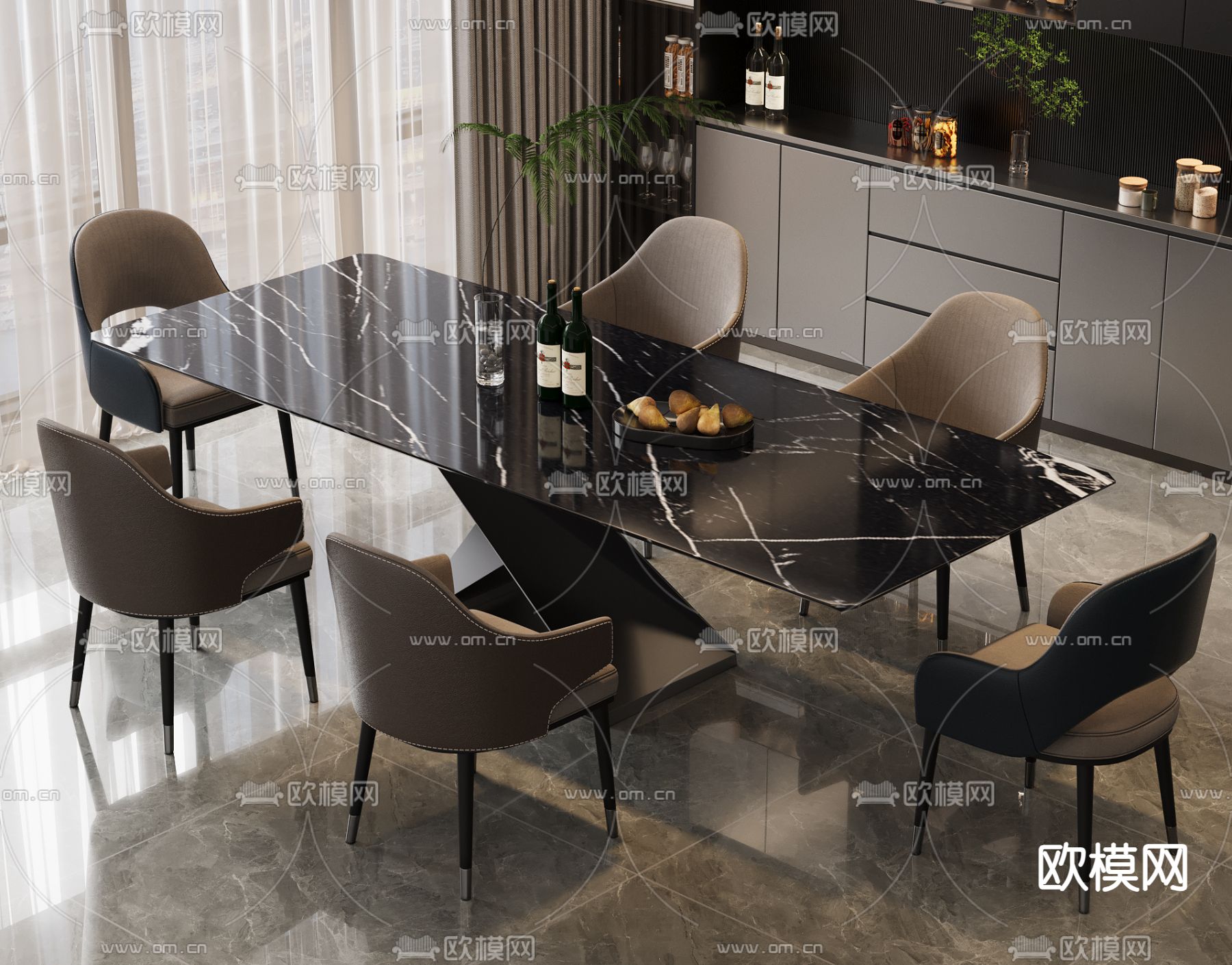 条形餐桌椅3d模型下载