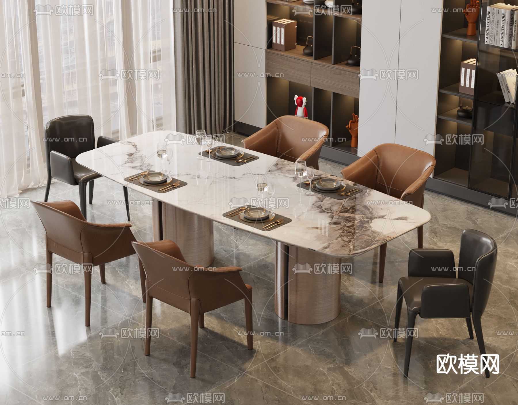 现代餐桌椅 条形餐桌3d模型下载