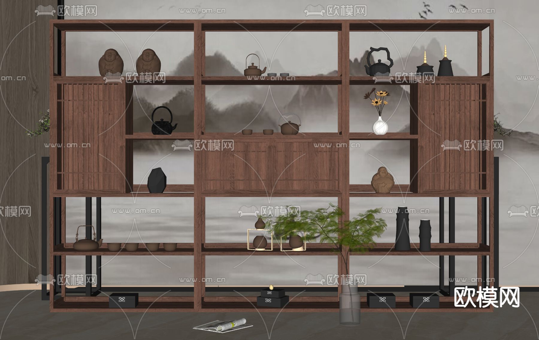 新中式博古架su模型下载（渲染图2）
