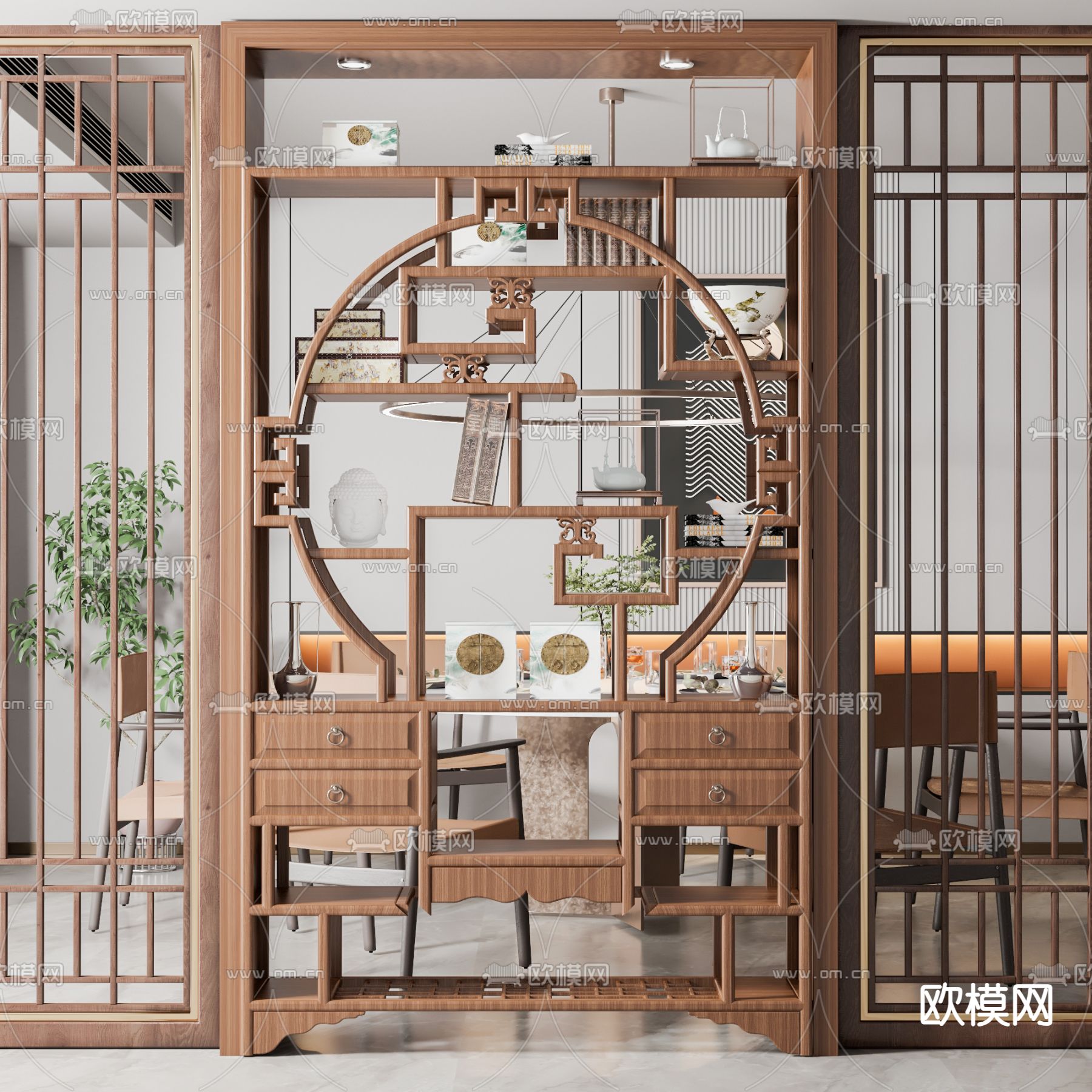 新中式博古架su模型下载（渲染图1）
