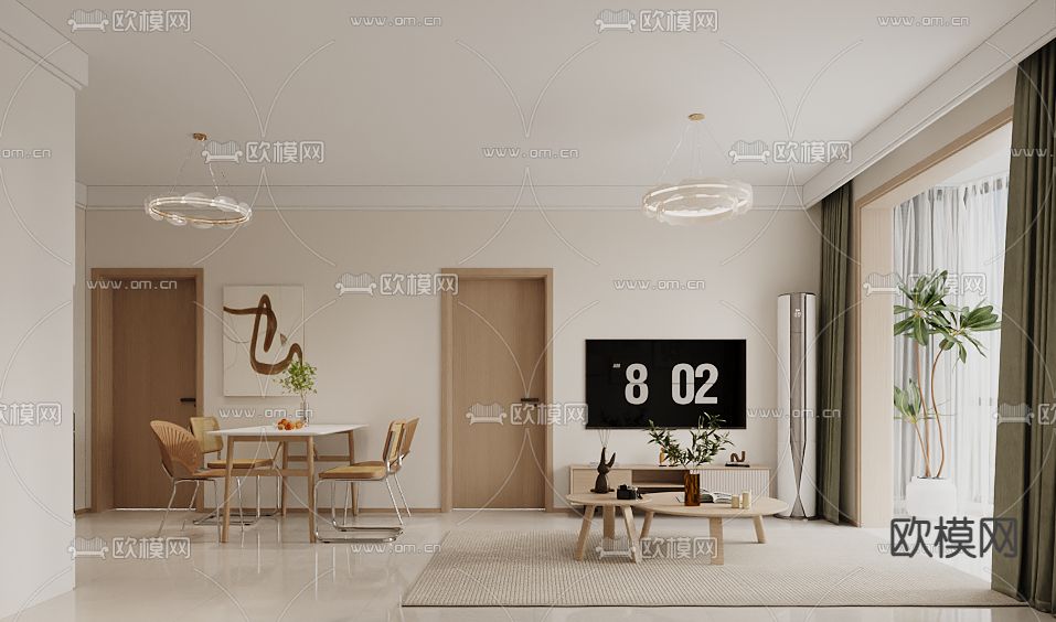 奶油风客厅 餐厅3d模型下载（渲染图2）