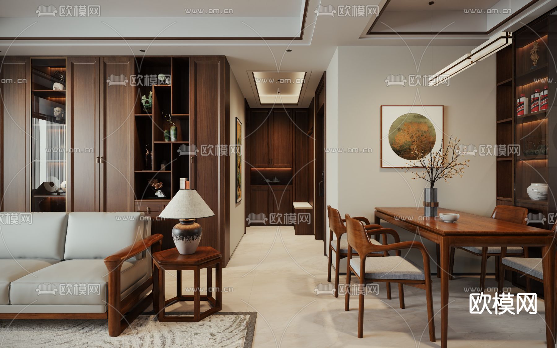 新中式客厅 餐厅3d模型下载（渲染图3）