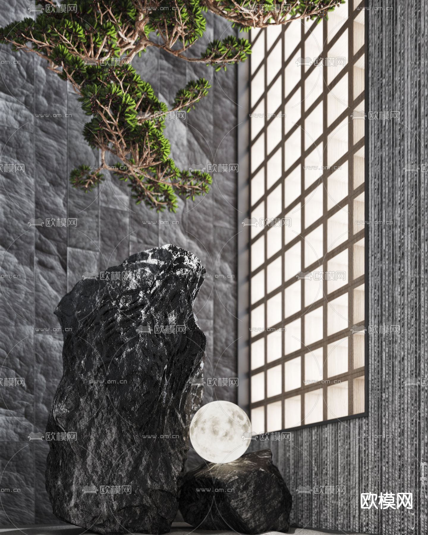 室内造景 景观石小品 悬挂松树3d模型下载