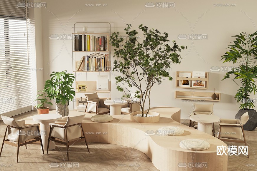 奶油风咖啡店 卡座区3d模型下载