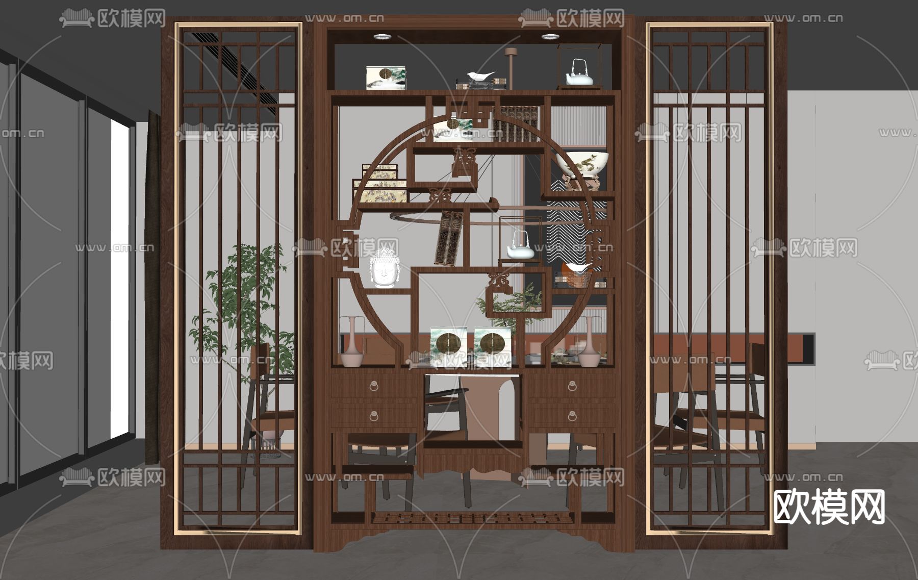 新中式博古架su模型下载（渲染图2）