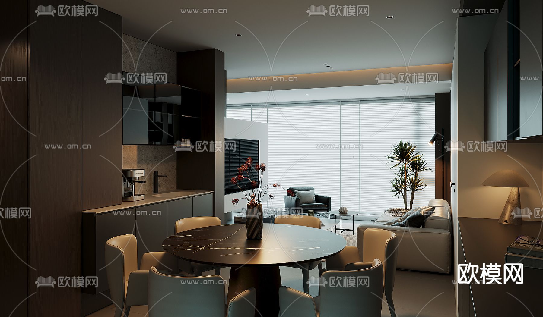 暗黑风客厅 餐厅3d模型下载