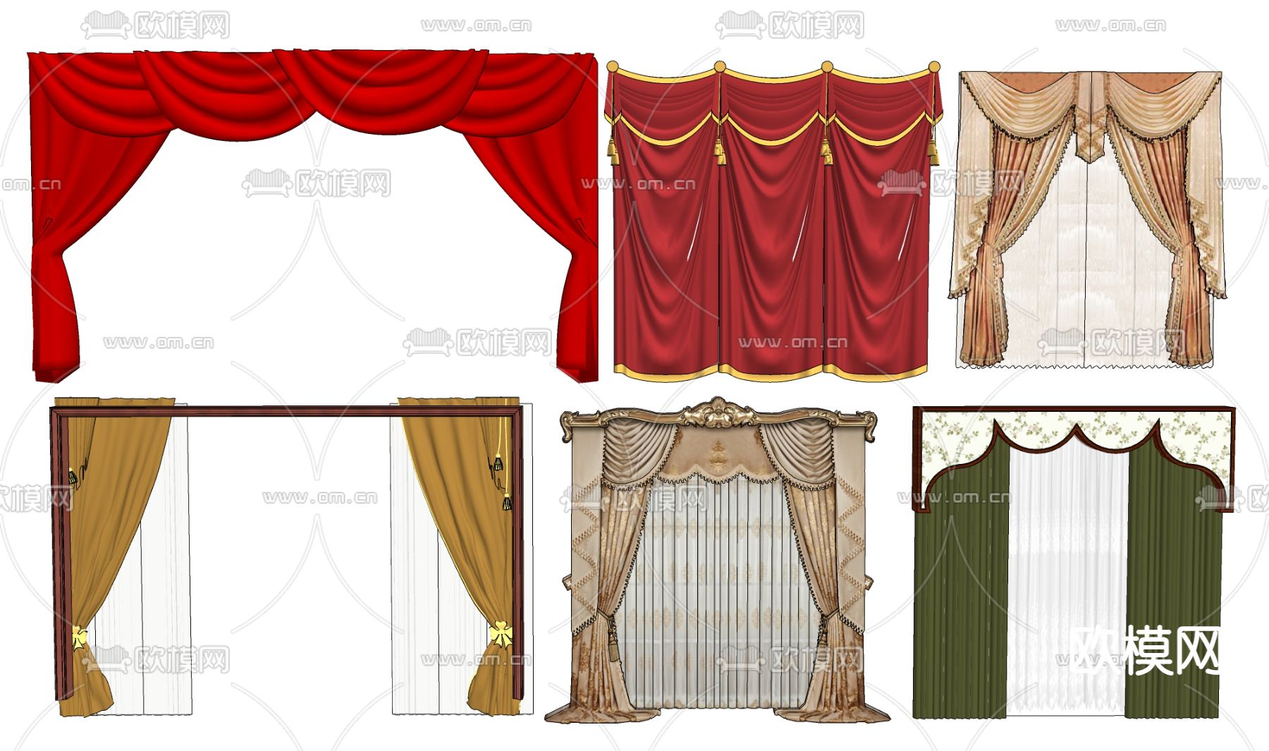 欧式红幕 窗帘 拉帘su模型下载