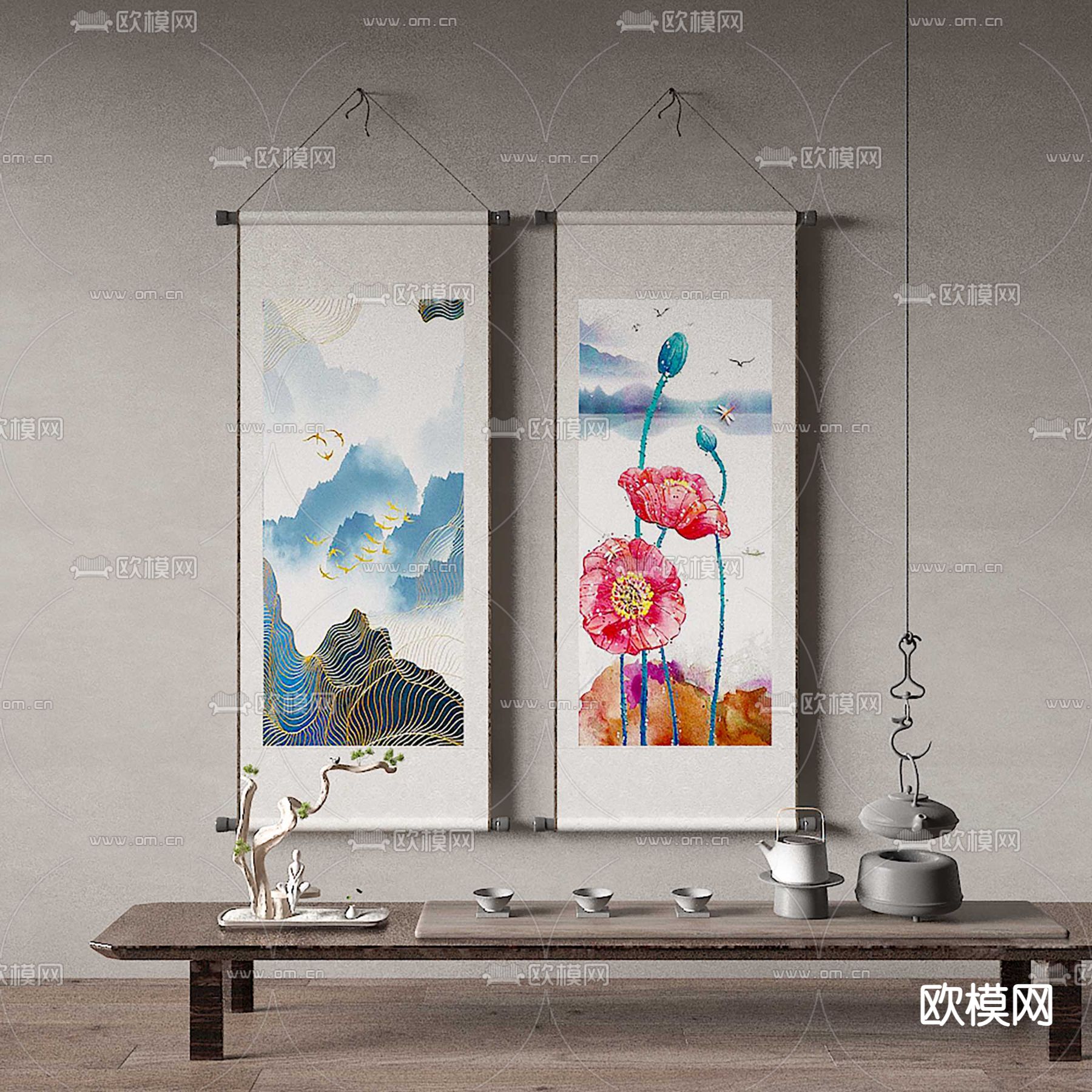 新中式装饰画 水墨画 卷轴画3d模型下载_ID14279658_3dmax免费模型-欧模网