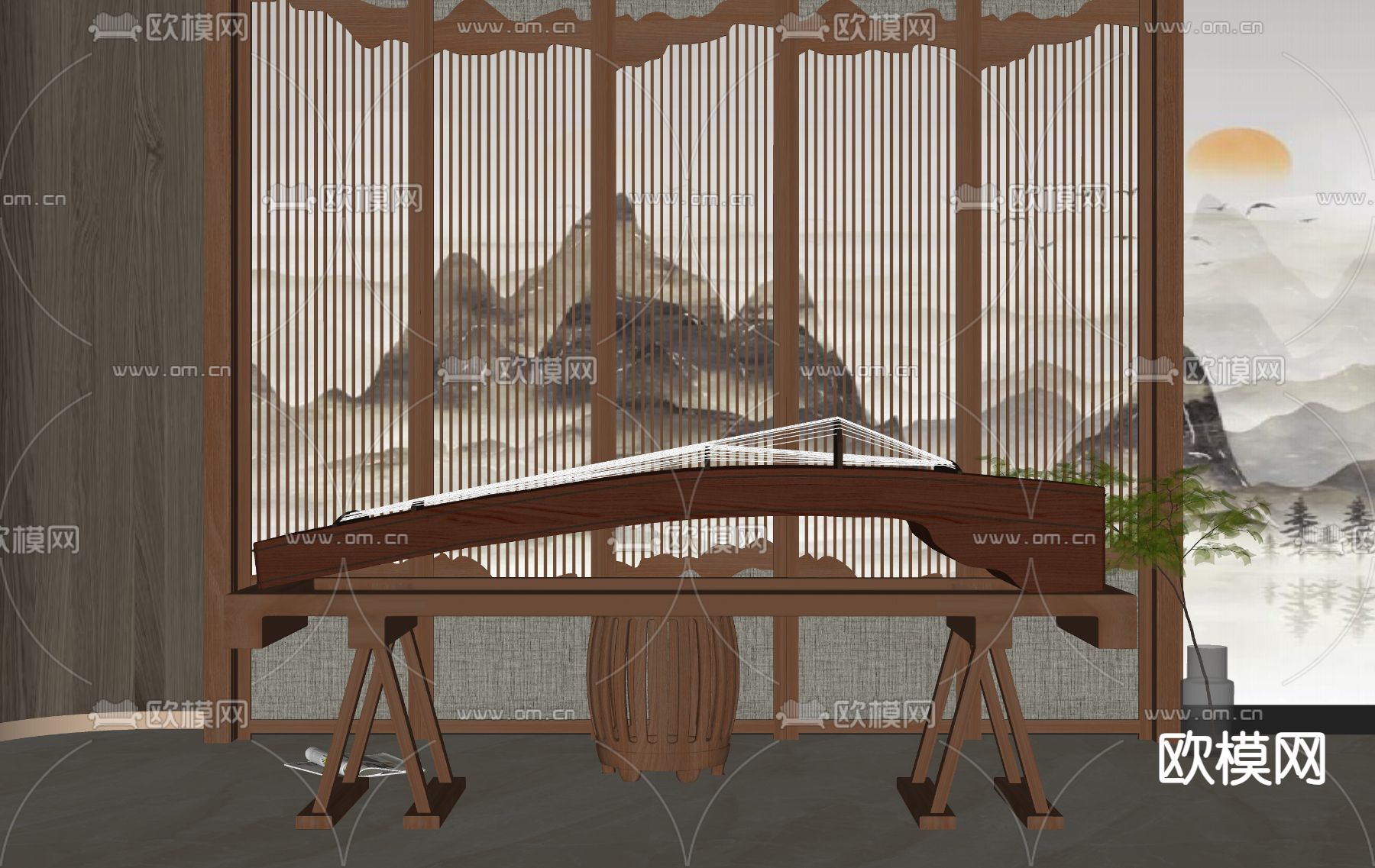 新中式古筝su模型下载（渲染图2）