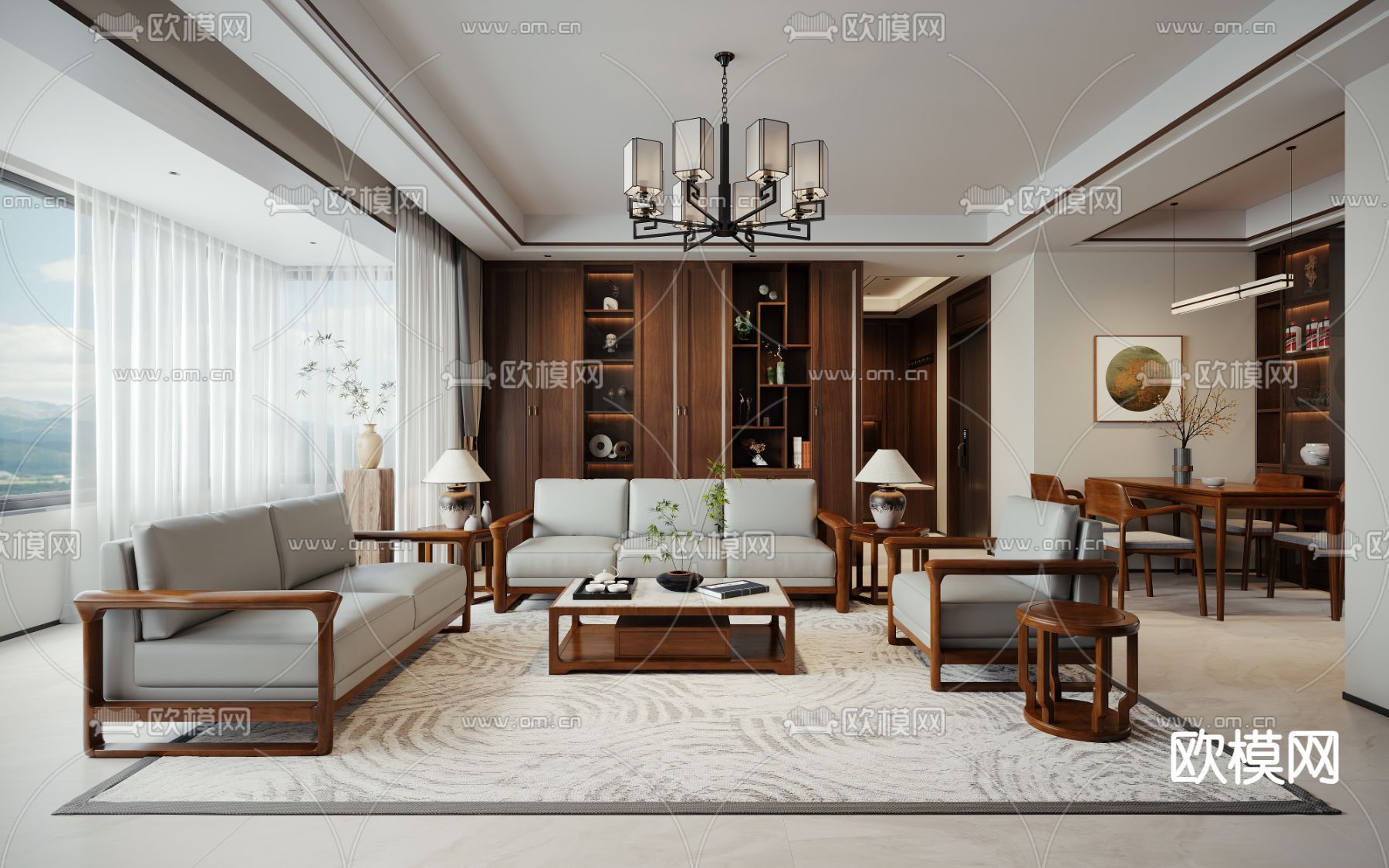 新中式客厅 餐厅3d模型下载（渲染图1）