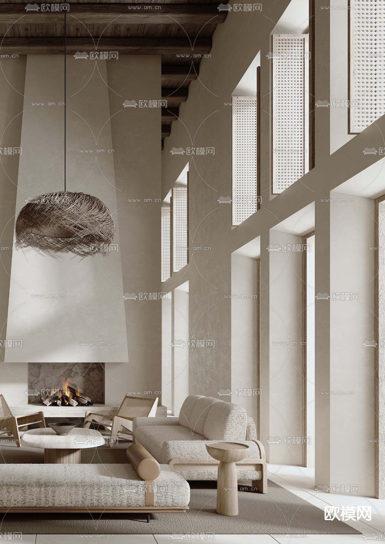 侘寂别墅客厅 别墅大堂3d模型下载（渲染图2）