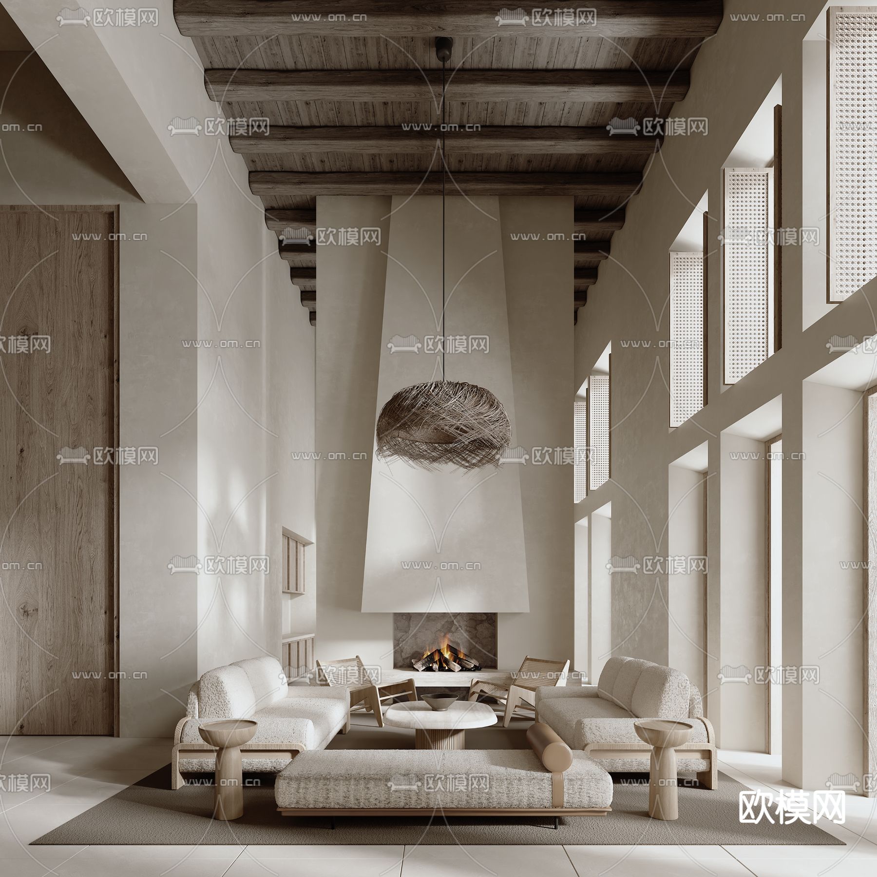 侘寂别墅客厅 别墅大堂3d模型下载（渲染图1）