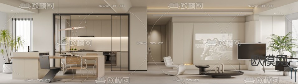 奶油风客厅 餐厅3d模型下载(渲染图2)