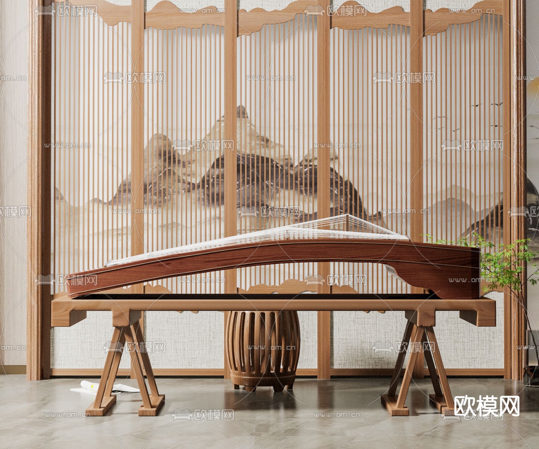 新中式古筝su模型下载（渲染图1）