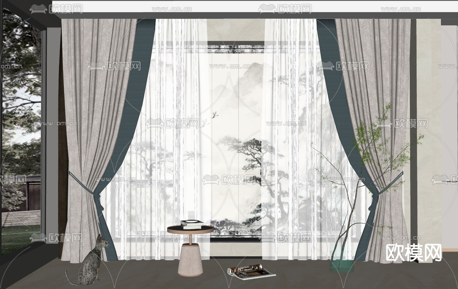 新中式窗帘su模型下载（渲染图2）