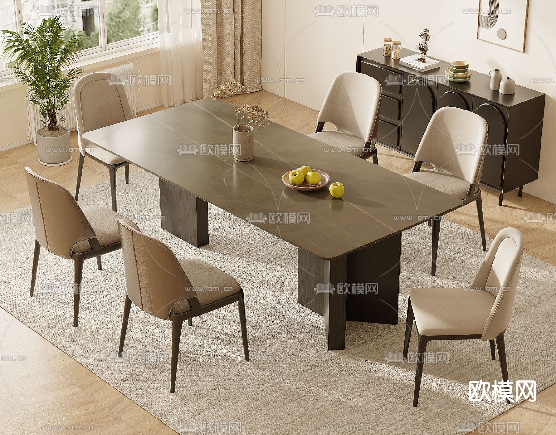 现代餐桌椅 条形餐桌3d模型