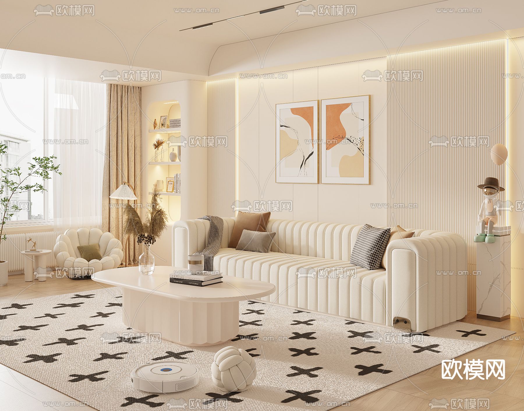 奶油风组合沙发3d模型下载
