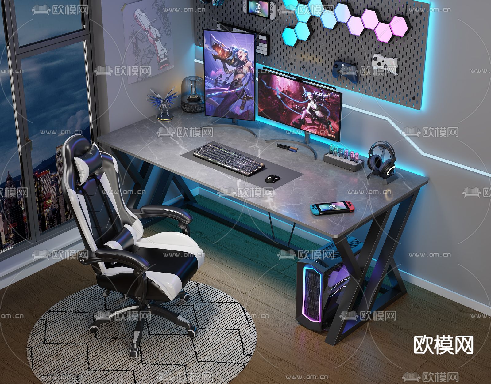 现代电竞桌 电玩桌3d模型下载