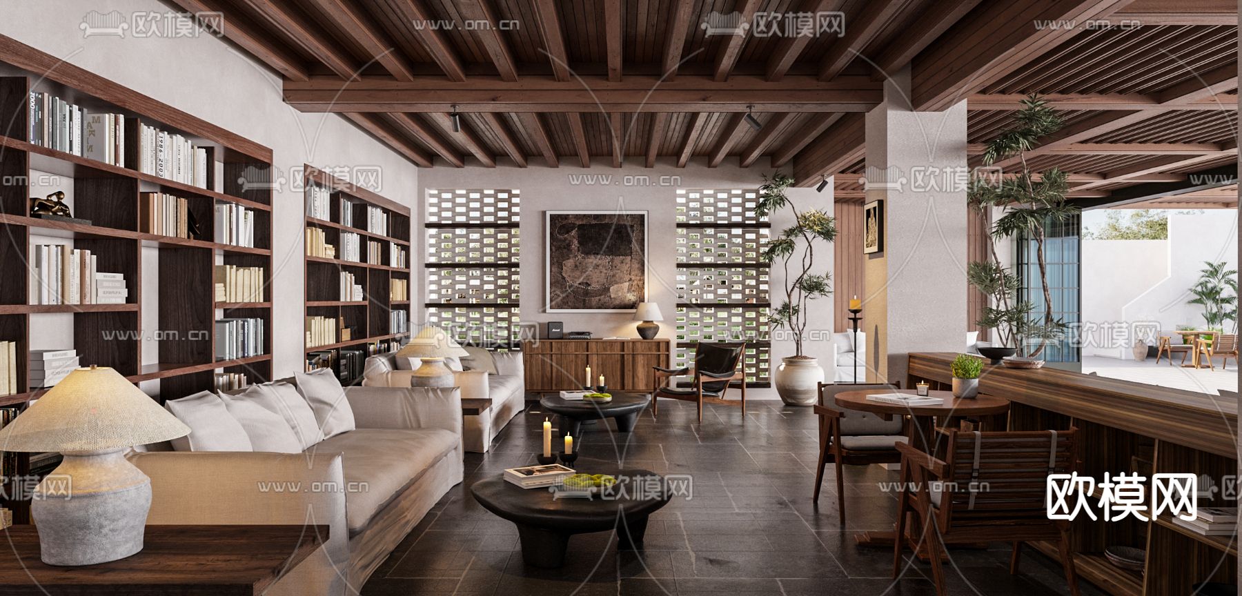 侘寂风民宿客厅 大厅su模型下载（渲染图1）