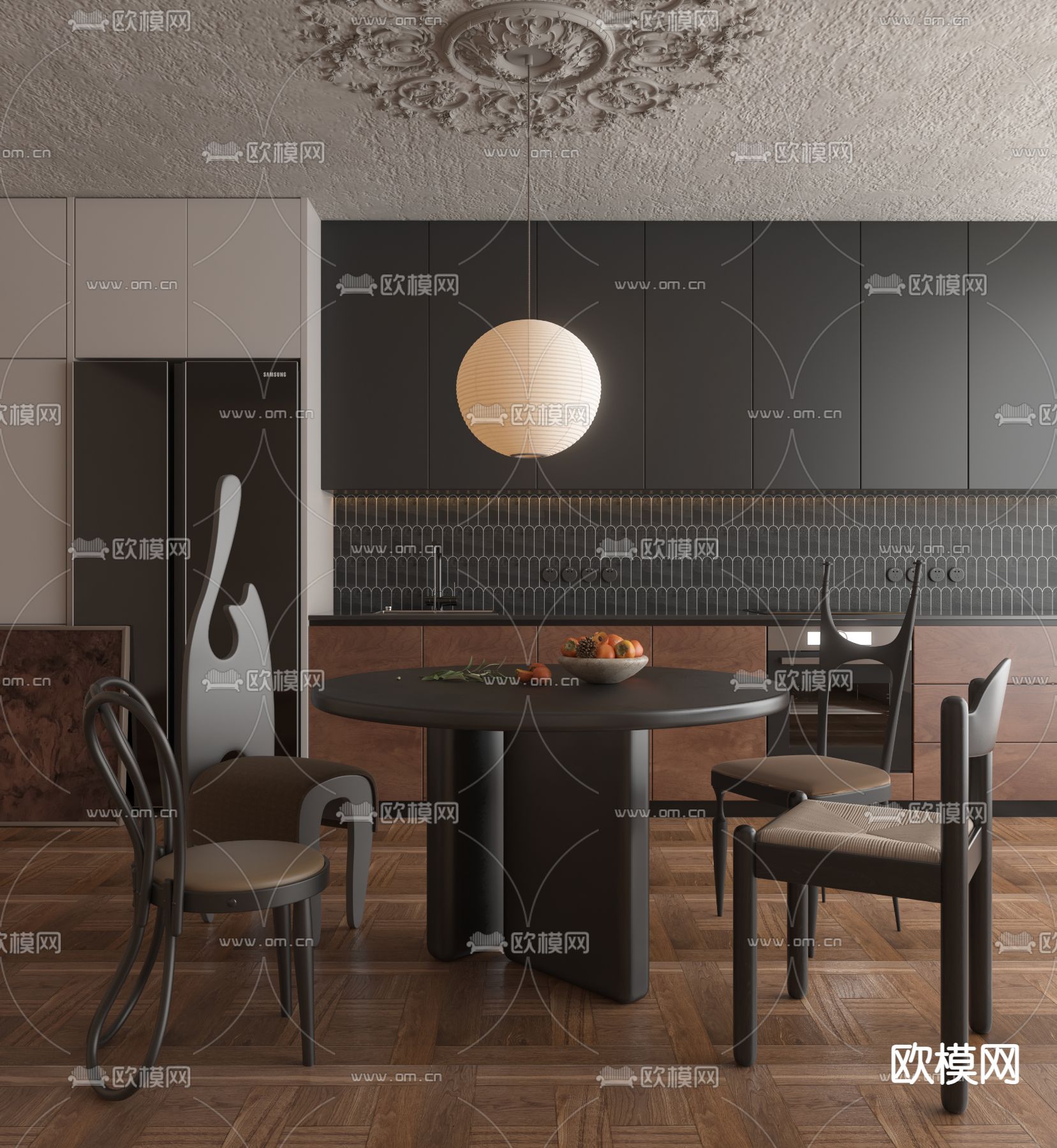 高级灰餐桌椅 圆餐桌3d模型下载