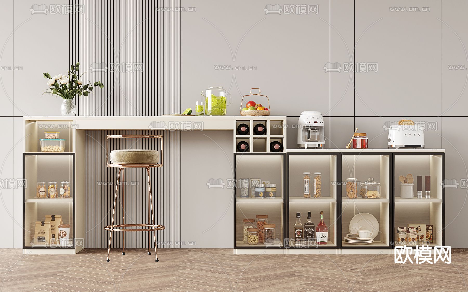 奶油风吧台su模型下载（渲染图1）
