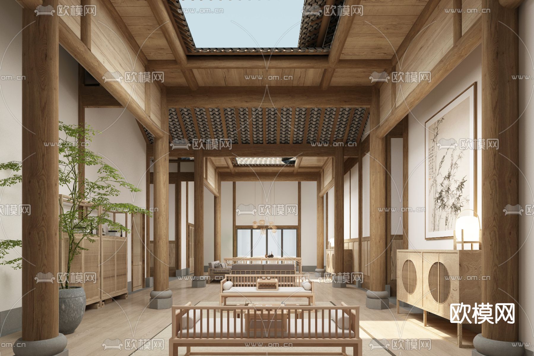 新中式民宿大堂su模型下载（渲染图1）