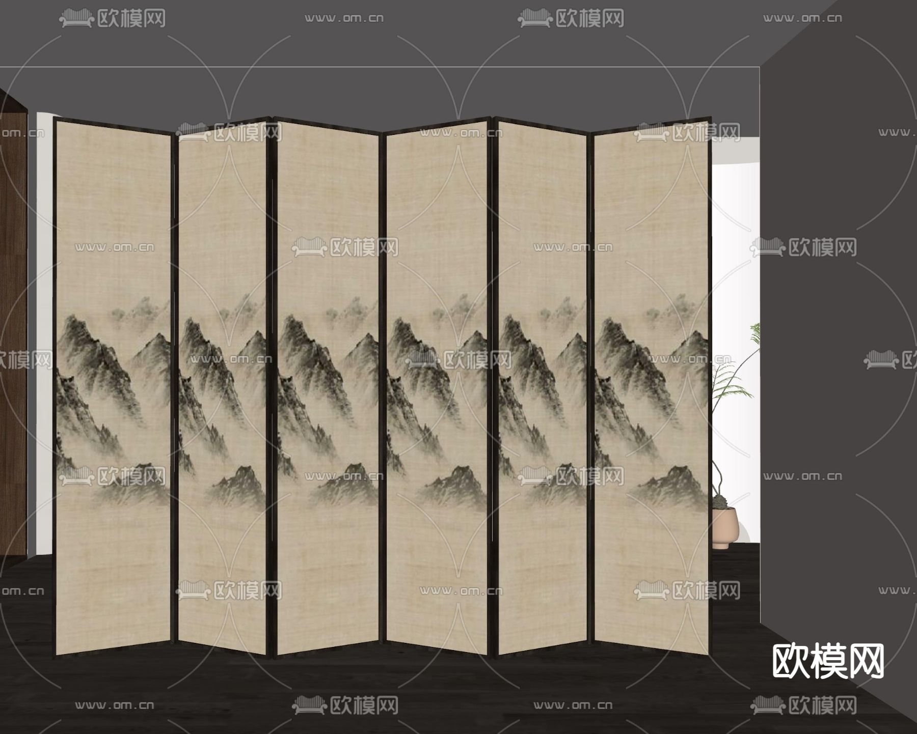 新中式屏风隔断su模型下载（渲染图2）
