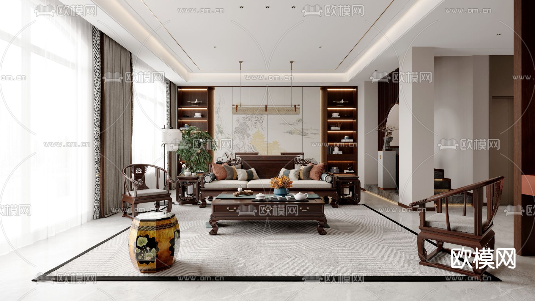 中式客餐厅3d模型下载（渲染图1）