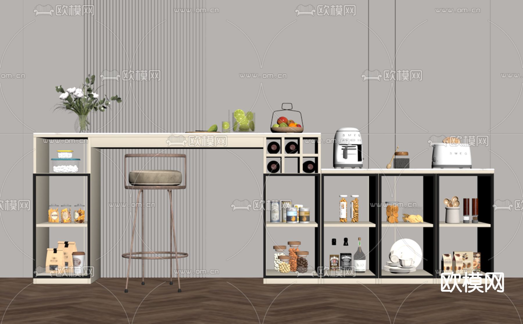 奶油风吧台su模型下载（渲染图2）
