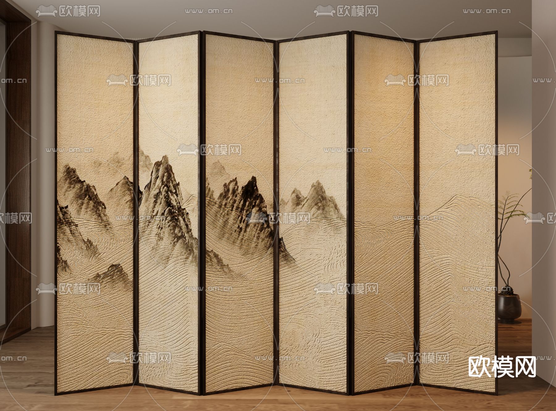 新中式屏风隔断su模型下载（渲染图1）