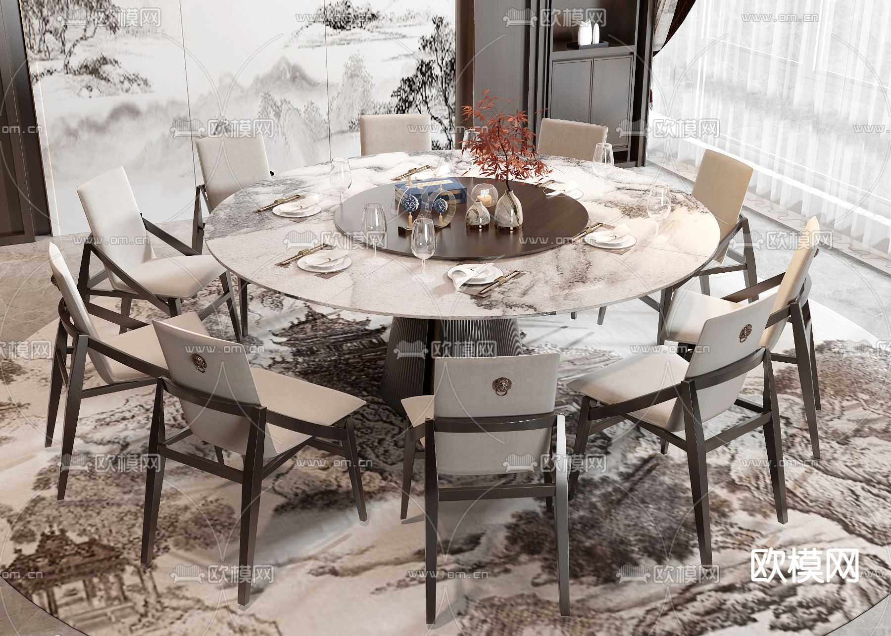 新中式餐桌椅 圆餐桌3d模型下载