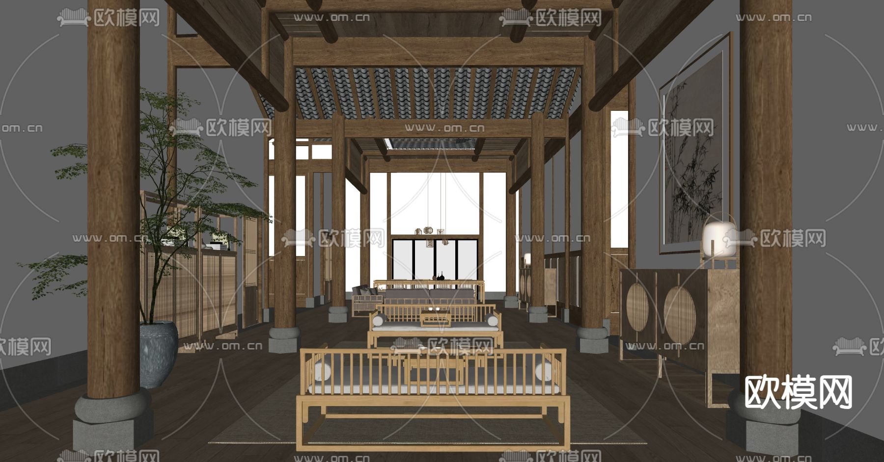 新中式民宿大堂su模型下载（渲染图2）