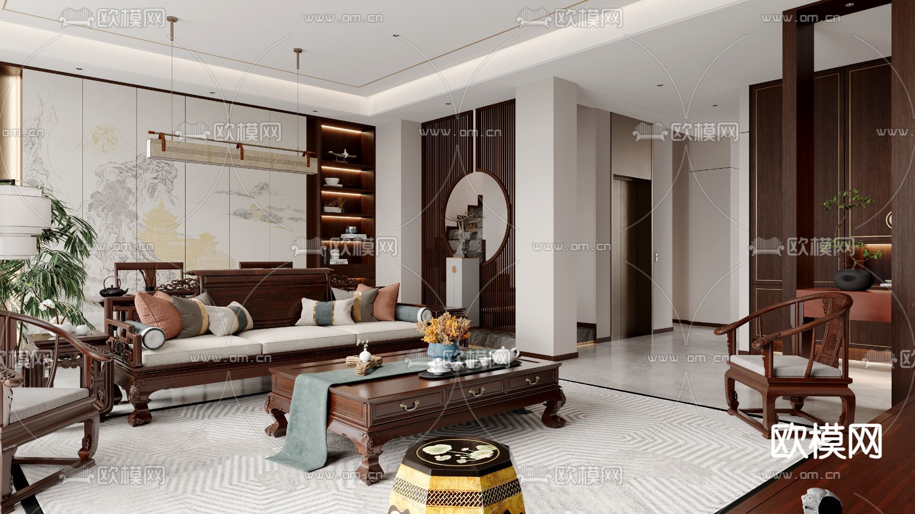 中式客餐厅3d模型下载（渲染图2）