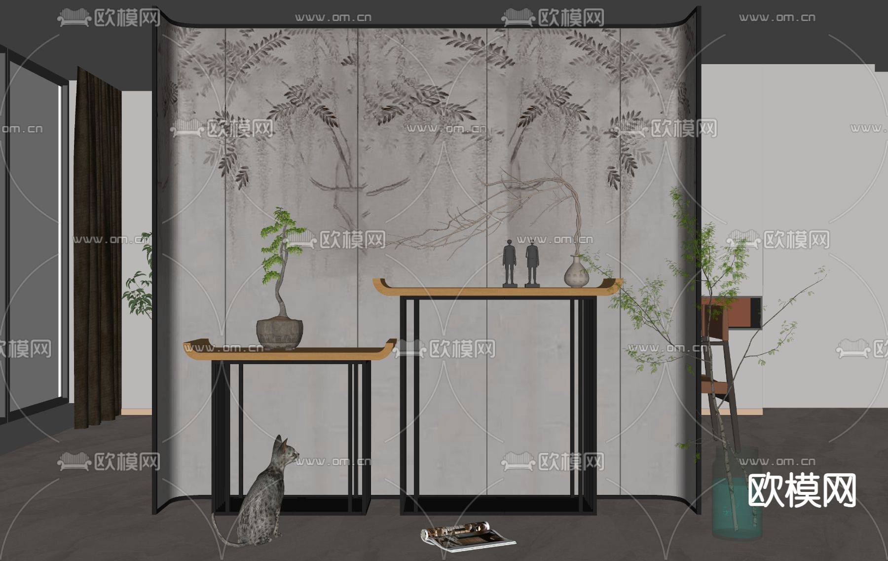 新中式端景台su模型下载（渲染图2）